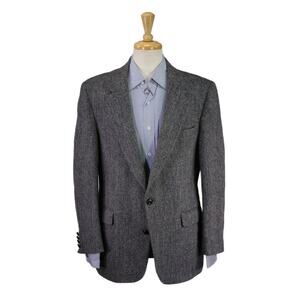 Harris Tweed Gray Black Herringbone Tweed Wool 2-Btn Blazer Jacket 42S